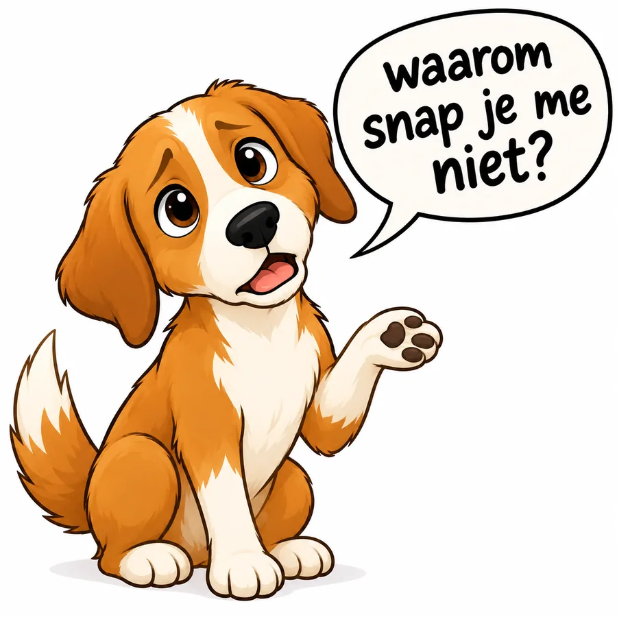 Tekening van een hond met een denkwolkje: 'waarom snap je me niet?'