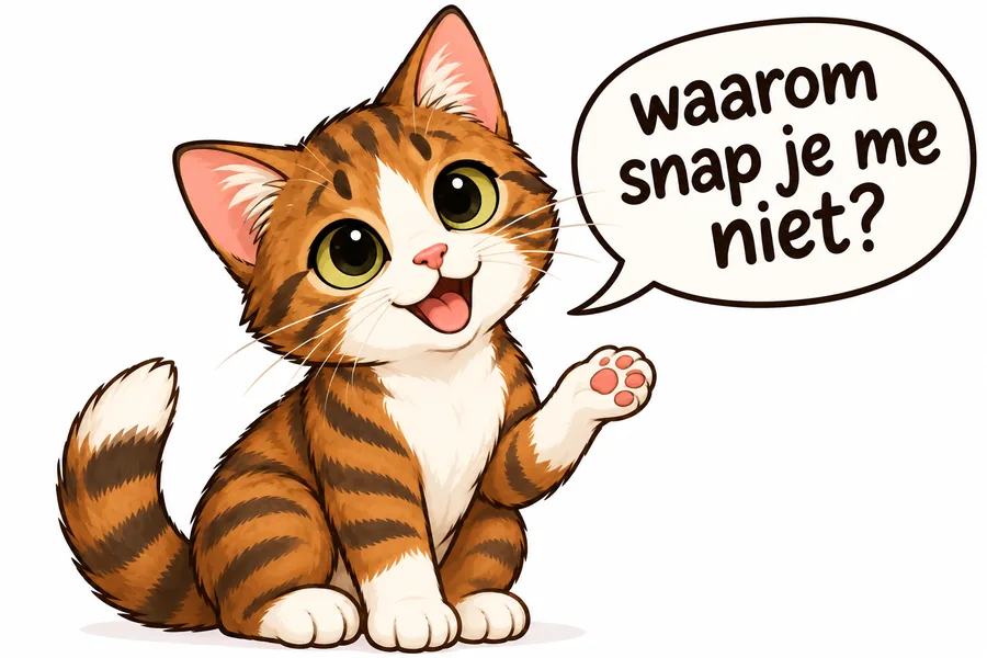 Tekening van een kat met een denkwolkje: 'waarom snap je me niet?'