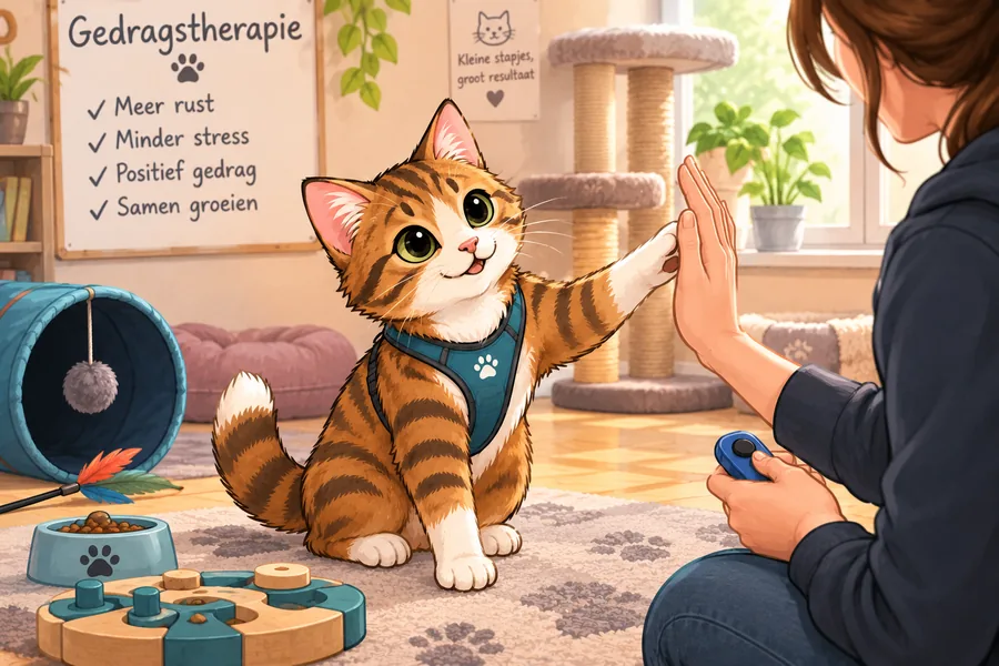 Illustratie van een gedragstherapie-sessie met een kat en trainer